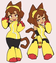  1girl animal_ears arms_up bare_shoulders black_pants black_sleeves brown_hair cat_ears cat_girl cat_tail dress english_commentary fang fang_out furry furry_female gameoverse goggles goggles_on_head hair_between_eyes hand_on_own_crotch highres invisible_chair kit_(gameoverse) looking_at_viewer medium_hair multiple_views open_mouth pants parted_lips paw_pose red_eyes seion simple_background sitting sleeveless sleeveless_dress snout standing tail tight_clothes tight_dress weapon whiskers yellow_dress yellow_gauntlets 