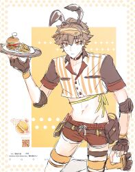  0shingkun0 1boy absurdres alternate_costume animal_ear_hairband animal_ears belt black_choker black_shirt border breast_pocket brown_belt brown_eyes brown_gloves brown_shorts burger buttons caelus_(honkai:_star_rail) choker closed_mouth collarbone cowboy_shot employee_uniform fake_animal_ears fast_food_uniform fingerless_gloves food french_fries gloves grey_hair hair_between_eyes hairband hand_up highres holding holding_tray honkai:_star_rail honkai_(series) lapels looking_at_viewer male_focus midriff navel orange_background orange_shoes outside_border pale_skin plate pocket rabbit_ear_hairband rabbit_ears ribbon roller_skates shirt shoes short_hair short_shorts short_sleeves shorts skates solo standing standing_on_one_leg star_(symbol) star_print star_symbol_background striped_clothes striped_vest sweatdrop thigh-highs thigh_strap trailblazer_(honkai:_star_rail) tray vest visor_cap white_border white_thighhighs white_vest yellow_ribbon yellow_visor_cap 