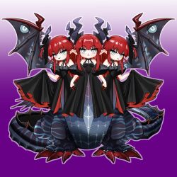  3girls :3 black_dress breasts conjoined dragon_girl dragon_horns dress eliza_arsia_(fate) eliza_ascreaus_(fate) eliza_pavonis_(fate) elizabeth_bathory_(fate) fate/grand_order fate_(series) full_body horns king_eliza_(fate) long_hair looking_at_viewer monster_girl multiple_girls particle_pfli red_hair small_breasts smile taur white_eyes 