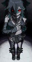  1girl asymmetrical_legwear belt boot_straps boots chain chain_necklace collar commentary_request commission detached_sleeves goth_fashion highres injury jewelry long_hair looking_at_viewer midriff monster_girl multiple_belts navel_piercing necklace piercing red_eyes scissors sharp_teeth skeb_commission skirt skull spiked_collar spikes teeth torn_clothes torn_skirt wednesday_(wedillust) 