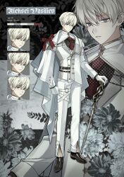  1boy absurdres aleksei_vasiliev_(nnapeu) black_shoes cane cloak english_text expressionless floral_background flower full_body gloves grey_hair hair_between_eyes highres holding holding_cane light_smile multiple_expressions necktie nnapeu o-ring o-ring_thigh_strap original pants parted_lips red_necktie red_ribbon ribbon shoes solo standing suit thigh_strap white_cloak white_flower white_gloves white_pants white_suit 