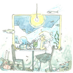 1girl animal chair closed_eyes collared_shirt crab drink drinking drinking_straw drinking_straw_in_mouth fish garden_eel highres kneehighs lamp non-web_source octopus on_chair painting_(medium) pleated_skirt scan school_uniform seashell self-scan shell shimeji_simulation shirt shoes short_hair short_sleeves sitting skirt smile socks solo traditional_media tsukumizu underwater uwabaki watercolor_(medium) white_hair white_shirt white_socks window 