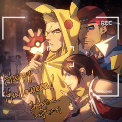  1girl 2boys absurdres ash_ketchum ash_ketchum_(cosplay) beard_stubble blue_eyes brother_and_sister brown_eyes brown_hair chris_redfield claire_redfield cloak commentary cosplay english_commentary facial_hair halloween_costume happy_halloween high_ponytail highres holding holding_poke_ball hood hood_up hooded_cloak imagine_(imagine7243618) looking_at_viewer multiple_boys piers_nivans pikachu pikachu_(cosplay) poke_ball pokemon ponytail recording resident_evil resident_evil_6 scar scar_on_face siblings sidelocks smile stubble v 