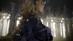  1girl absurdres armor armored_dress blonde_hair blue_dress blue_eyes blush chain church commentary_request dress fate/apocrypha fate/grand_order fate_(series) from_side headpiece highres jeanne_d'arc_(fate) long_braid long_hair looking_ahead painterly re_gulus signature solo sunlight window 