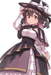  1girl 5alive absurdres adapted_costume black_capelet black_corset black_hat black_ribbon black_skirt blush bow breasts brown_eyes brown_hair capelet clothing_request corset frilled_shirt frills hair_between_eyes hair_bow hand_on_headwear hat hat_bow high-waist_skirt highres holding_own_skirt layered_skirt long_sleeves medium_hair open_mouth ribbon shirt simple_background skirt solo touhou usami_renko white_background white_bow white_shirt white_skirt 
