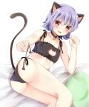  1girl animal_ears ass bell bell_collar blush brown_eyes cat_cutout cat_ears cat_lingerie cat_tail cleavage_cutout collar fang jingle_bell kantai_collection masakazu_(coccinellee) open_mouth paw_pose purple_hair revision short_hair solo tail tama_(kantai_collection) underwear underwear_only untying wavy_mouth 