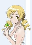  1girl bikini blonde_hair blush breasts bust cleavage clover drill_hair eleven929rr four-leaf_clover hair_ornament large_breasts lips mahou_shoujo_madoka_magica smile solo swimsuit tomoe_mami twin_drills yellow_eyes 