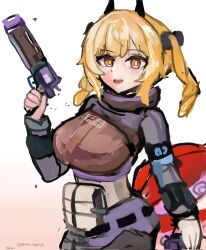  1girl blonde_hair bow grimm_hafr95 gun hair_bow handgun highres holding holding_gun holding_weapon orange_eyes reverse_collapse:_foxtrot reverse_collapse_(series) skin_tight tentacle_tail tentacles weapon yellow_pupils 