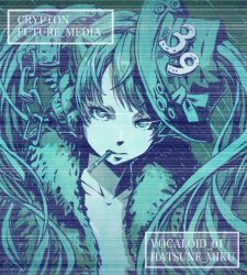  1girl charrrrrrrrlie cigarette closed_mouth collarbone commentary cuffs english_text eyelashes handcuffs hat hatsune_miku limited_palette parted_bangs solo twintails vocaloid 