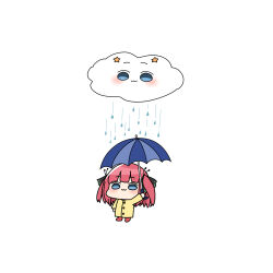  1girl :3 akino_ell blue_eyes blunt_bangs blush boots butterfly_hair_ornament closed_mouth commentary go-toubun_no_hanayome hair_ornament hand_up holding holding_umbrella long_sleeves looking_at_viewer nakano_itsuki nakano_nino objectification pink_hair rain raincloud raincoat red_boots rubber_boots smile standing star_(symbol) umbrella water yellow_raincoat 