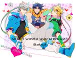  3boys alternate_color blonde_hair blue_jacket bow caesar_anthonio_zeppeli dual_persona facial_mark fingerless_gloves gloves green_eyes green_jacket heart jacket jojo_no_kimyou_na_bouken joseph_joestar_(young) knee_pads multiple_boys musical_note palette_swap player_2 purple_hair sakaumi scarf spoken_musical_note spoken_squiggle squiggle sweat white_hair 