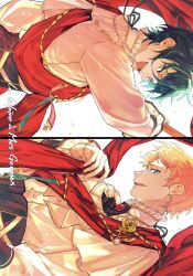  2boys blue_eyes commentary ensemble_stars! flower frilled_sleeves frills gloves green_hair hand_up heterochromia itsuki_shu kagehira_mika long_sleeves looking_at_viewer male_focus multiple_boys official_alternate_costume open_mouth pink_hair rose short_hair sideways sideways_glance smile teeth translation_request untranslatable_commentary upper_body upper_teeth_only utahyaya valkyrie_(ensemble_stars!) violet_eyes white_gloves yellow_eyes 