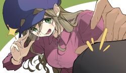  1girl 1other absurdres adjusting_eyewear blue_hat breasts collared_shirt commentary_request dress_shirt eyebrows_visible_through_hat glasses green_eyes green_hair hat highres inuyama_aoi kootee-on large_breasts long_hair newsboy_cap pink_shirt round_eyewear shirt solo_focus sparkle yurucamp 