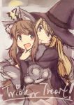  2girls :d animal_costume animal_ears biting blonde_hair brown_hair cat_costume cat_ears cat_paws ear_biting fang halloween hand_on_another&#039;s_chin hat highres hug hug_from_behind kyuri multiple_girls open_mouth original paws sketch smile trick_or_treat witch witch_hat yuri 