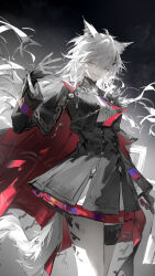  1girl absurdres animal_ears arknights black_cape black_gloves black_jacket black_skirt cape commentary english_commentary gloves grey_eyes grey_hair grin high-waist_skirt highres jacket lappland_(arknights) lappland_the_decadenza_(arknights) looking_at_viewer luozhou_pile material_growth necktie open_clothes open_jacket oripathy_lesion_(arknights) red_necktie shirt skirt smile solo tail white_shirt wolf_ears wolf_girl wolf_tail 