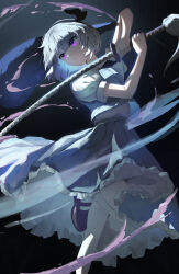  1girl absurdres alternate_eye_color bilingual_commentary black_background black_hairband closed_mouth collared_shirt commentary foot_out_of_frame frilled_skirt frills green_skirt green_vest grey_hair hairband highres hitodama holding holding_sword holding_weapon katana kenkxx konpaku_youmu konpaku_youmu_(ghost) leg_up mary_janes mixed-language_commentary pantyhose pink_eyes puffy_short_sleeves puffy_sleeves shirt shoes short_sleeves simple_background skirt skirt_set solo sword touhou vest weapon white_pantyhose white_shirt 