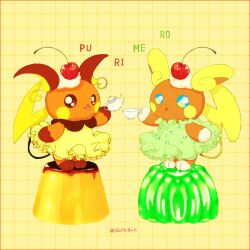  :3 :o :p absurdres alolan_raichu bblin820 blue_eyes brown_eyes brown_fur cherry_hair_ornament clothed_pokemon commentary_request cup dress food food-themed_hair_ornament full_body gelatin gem green_dress green_gem hair_ornament highres holding holding_cup holding_teapot looking_at_viewer no_humans open_mouth orange_fur pokemon pokemon_(creature) pokemon_focus pudding raichu regional_and_normal simple_background standing teapot tongue tongue_out whipped_cream yellow_background yellow_dress yellow_fur 