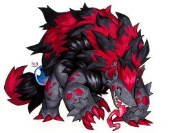  absurdres black_fur claws highres long_tongue looking_at_another looking_at_viewer no_humans open_mouth pokemon pokemon_(creature) railroadlion red_fur signature simple_background solo tongue tongue_out two-tone_fur white_background zoroark 