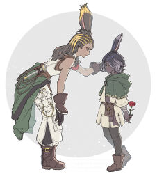  1boy 1girl aged_down animal_ears armband arms_behind_back asymmetrical_bangs bandaged_arm bandages belt belt_pouch bent_over black_hair black_pants blonde_streaks boots border breasts brown_belt brown_boots brown_hair brown_scarf cahciua capelet cargo_pants child closed_mouth clothes_around_waist commentary curtained_hair dark-skinned_female dark-skinned_male dark_skin erenville final_fantasy final_fantasy_xiv flower from_side fugashi_117 full_body green_capelet green_jacket grey_background grey_streaks hand_in_another's_hair hand_on_own_knee highres holding holding_behind_back holding_flower hood hooded_capelet jacket jacket_around_waist leaning_forward light_particles long_hair looking_at_another mother_and_child mother_and_son multicolored_hair pants parent_and_child parted_bangs pouch profile rabbit_boy rabbit_ears rabbit_girl red_armband red_flower red_rose rose round_border scarf shirt short_hair short_sleeves sidelocks single_bare_shoulder sleeveless sleeveless_shirt small_breasts smile standing streaked_hair tunic two-tone_hair untranslatable_commentary very_dark_skin viera white_border white_pants white_shirt white_tunic yellow_eyes 