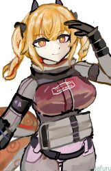  1girl blonde_hair bow breasts grimm_hafr95 hair_bow highres medium_breasts orange_eyes reverse_collapse:_foxtrot reverse_collapse_(series) salute skin_tight tentacle_tail tentacles twintails yellow_pupils 