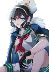  1girl anchor_earrings anchor_symbol black_coat black_gloves black_hair blue_eyes coat collarbone commentary_request dinotodon earrings gloves green_sailor_collar hat highres jewelry murasa_minamitsu navel neckerchief open_clothes open_coat open_mouth red_neckerchief sailor_collar sailor_hat school_uniform serafuku shirt short_hair shorts sidelocks sitting solo touhou white_background white_shirt white_shorts 