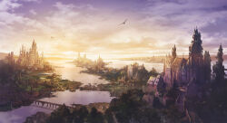  bridge building castle highres morning no_humans original river riverbank scenery sunrise tower tree yoshiki_(yuki) 