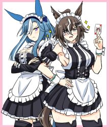  2girls absurdres admire_groove_(umamusume) ahoge air_groove_(umamusume) alternate_costume animal_ears apron black_dress blue_eyes blue_hair blush breasts brown_hair card crossed_arms dress ear_covers enmaided frilled_apron frills hair_ornament hair_over_one_eye hairband highres holding holding_card horse_ears horse_girl horse_tail large_breasts looking_at_viewer maid maid_apron maid_headdress multicolored_hair multiple_girls rulership_(umamusume) shikokuken_(mrykk24) short_hair short_hair_with_long_locks streaked_hair tail umamusume violet_eyes waist_apron white_apron white_hair 