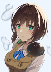  1girl absurdres aoi_erika black_hair blue_background blue_bow blue_bowtie blush bow bowtie breasts brown_vest buttons closed_mouth collared_shirt commentary_request creature creature_on_shoulder crying crying_with_eyes_open double-breasted dress_shirt green_eyes hair_between_eyes heaven_burns_red highres hoshi_1221 large_breasts long_sleeves looking_at_viewer medium_hair narby_(heaven_burns_red) nose on_shoulder parted_lips shirt simple_background slime_(creature) smile solo tears upper_body vest water_drop white_shirt 