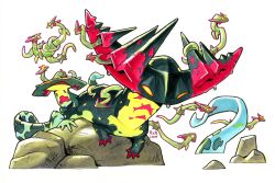  absurdres dragapult drakloak dreepy evolutionary_line highres looking_at_viewer no_humans pokemon pokemon_(creature) railroadlion rock signature simple_background white_background 