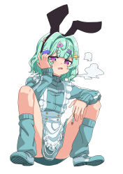  1girl absurdres animal_ear_hairband animal_ears apron aqua_eyes aqua_hair aqua_shoes aqua_skirt aqua_socks black_hairband cigarette commentary_request cross fake_animal_ears full_body hair_intakes hair_ornament hairband head_rest highres holding holding_cigarette inverted_cross miniskirt nekonyan_(inaba31415) rabbit_ear_hairband rabbit_ears shoes sitting skirt smoke smoking socks solo star_(symbol) star_hair_ornament v-drive! violet_eyes waist_apron 