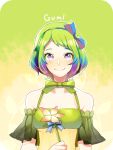  +_+ 1girl artist_request bangs bare_shoulders blush bow breasts character_name cleavage eyebrows flower gumi hair_bow hair_ornament holding multicolored_hair payot ribbon see-through short_hair smile solo source_request vocaloid 