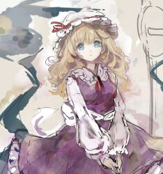  1girl blonde_hair blue_eyes bow closed_mouth collared_shirt commentary_request dress frilled_dress frilled_shirt_collar frills frown hat hat_ribbon long_hair long_sleeves maribel_hearn own_hands_together pinafore_dress puffy_long_sleeves puffy_sleeves purple_dress red_ribbon ribbon road_sign sash shirt sign sleeveless sleeveless_dress solo touhou unfinished uwazumi white_bow white_hat white_sash white_shirt 
