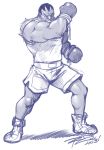  1boy boxing_gloves buzz_cut dark_skin m_bison monochrome mouth_pull muscle robert_porter shorts signature sketch sleeveless solo street_fighter 