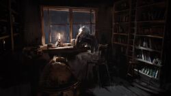  1boy absurdres bench black_bodysuit bodysuit book bookshelf chair commentary cup english_commentary facing_away globe hand_on_own_face highres indoors kettle ladder lamp leaning_on_table long_sleeves male_focus medium_hair night painterly qifrey_(tongari_boushi_no_atelier) re_gulus sitting studying sunrise teacup tongari_boushi_no_atelier white_hair window writing 