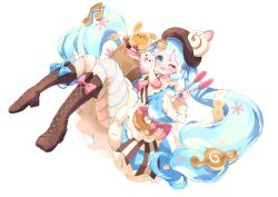 1girl absurdres apron aqua_eyes aqua_hair asymmetrical_legwear battle_nuko blue_bow blue_dress blue_sleeves blue_thighhighs blush boots bow bowtie brown_hat collared_dress commentary_request dessert detached_sleeves double-parted_bangs dress dress_bow food food-themed_clothes food-themed_hat_ornament footwear_bow frilled_apron frills full_body fur-trimmed_dress fur-trimmed_sleeves fur_trim hair_between_eyes hair_ornament hat hat_ornament hatsune_miku highres holding holding_tongs long_hair long_sleeves looking_at_viewer medium_dress mismatched_legwear mismatched_thighhighs musical_note-themed_food necktie official_alternate_costume official_alternate_hairstyle one_eye_closed open_mouth pink_bow pink_bowtie pink_necktie puffy_short_sleeves puffy_sleeves rabbit rabbit_yukine short_sleeves simple_background sleeve_bow snowflake_print striped_clothes thigh-highs tongs twintails two-tone_sleeves very_long_hair vocaloid wavy_hair white_apron white_background white_bow white_rabbit_(animal) white_sleeves wide_sleeves yuki_miku yuki_miku_(2026) 