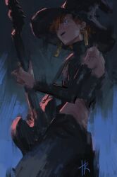  absurdres ambiguous_gender black_skirt blue_eyes commentary detached_sleeves earrings english_commentary from_side gold_earrings guitar guitar_strap hat high_collar highres instrument jewelry looking_ahead midriff open_mouth orange_hair original painterly playing_guitar playing_instrument re_gulus ring short_hair shoulder_tattoo signature single_bare_shoulder skirt solo tarot tattoo teeth witch_hat 
