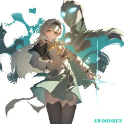  1girl absurdres artist_name awoodden black_thighhighs brown_eyes capelet commentary english_commentary facing_viewer firefly_(honkai:_star_rail) green_skirt grey_hair hair_between_eyes hairband highres holding honkai:_star_rail honkai_(series) long_hair looking_to_the_side neck_ribbon ribbon robot shirt skirt solo sparkle sword_hilt thigh-highs thighs white_background white_shirt 