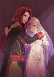  1boy 1girl black_cape brother_and_sister cape commentary_request dress facial_mark fire_emblem fire_emblem:_genealogy_of_the_holy_war forehead_mark highres hug julia_(fire_emblem) julius_(fire_emblem) long_hair looking_at_viewer parted_lips red_eyes red_hair riou_(pooh920) siblings smile twins white_dress 