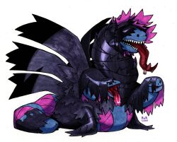  hydreigon long_tongue multiple_heads no_humans open_mouth pokemon pokemon_(creature) railroadlion sharp_teeth signature simple_background solo teeth tongue tongue_out white_background 