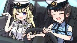  2girls absurdres animal_ears blue_shirt closed_eyes collared_shirt driving hat highres hololive hololive_grand_theft_auto horns looking_at_viewer morotade_kudou multiple_girls official_alternate_costume one_eye_closed oozora_subaru oozora_subaru_(police) open_mouth sheep_ears sheep_girl sheep_horns shirt smile steering_wheel tsunomaki_watame tsunomaki_watame_(watame_night_fever!!) violet_eyes virtual_youtuber white_hat white_shirt 
