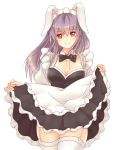  1girl alternate_costume animal_ears blush bowtie breasts cleavage detached_collar garter_straps highres long_hair maid_headdress purple_hair rabbit_ears red_eyes reisen_udongein_inaba simple_background skirt skirt_lift smile solo thighhighs touhou white_background white_legwear x&amp;x&amp;x 
