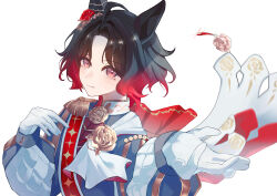  5sen5sen absurdres ahoge animal_ears black_jacket blush brooch brown_hair cape closed_mouth commentary_request ear_flower ear_ornament epaulettes flower flower_brooch four-pointed_star gloves gradient_hair highres horse_ears horse_girl jacket jewelry long_sleeves looking_at_viewer multicolored_hair print_sash red_cape red_hair red_sash rose_kingdom_(racing)_(umamusume) rose_kingdom_(umamusume) sash short_hair single_epaulette smile textless_version two-tone_hair umamusume upper_body vertical-striped_sleeves white_gloves 