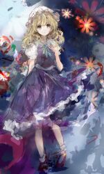  1girl blonde_hair blue_ribbon commentary dress flower frilled_dress frilled_shirt_collar frills grey_eyes hat highres long_hair maribel_hearn mob_cap neck_ribbon pinafore_dress purple_dress red_shoes ribbon sash shirt shoes sleeveless sleeveless_dress socks solo standing touhou unfinished uwazumi white_hat white_sash white_shirt white_socks 