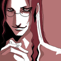  1boy brown_theme glasses hellsing long_hair lowres luke_valentine male_focus oekaki own_hands_clasped own_hands_together portrait smile solo toshimichi_yukari 