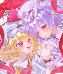  2girls absurdres ascot blonde_hair blush closed_mouth collared_shirt commentary_request fang flandre_scarlet frilled_shirt_collar frills hat hat_ribbon highres holding_hands interlocked_fingers long_hair mob_cap multiple_girls one_side_up open_mouth pink_hat pink_shirt pink_skirt pointy_ears purple_hair red_eyes red_vest remilia_scarlet ribbon shirt siblings sisters skin_fang skirt skirt_set smile touhou upper_body vest white_hat white_shirt wrist_cuffs yellow_ascot yoshino_(q_sci) 