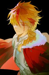  1boy absurdres ahoge armor black_background blonde_hair blood blood_on_face braid braided_ponytail cape fate/strange_fake fate_(series) highres long_hair male_focus multicolored_hair red_eyes red_streaks richard_i_(fate) simple_background single_braid smile solo streaked_hair sumssingbo upper_body 