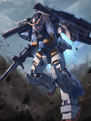  absurdres bazooka_(gundam) beam_cannon beam_rifle clouds cloudy_sky debris desert dust_cloud earth_federation energy_gun english_commentary gundam gundam_zeonic_front highres mecha mecha_focus mobile_suit mudrock_gundam no_humans original realistic red_eyes redesign robot rock science_fiction shield sky type_j7 v-fin war weapon 