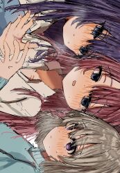  3girls blue_eyes blue_sweater blush closed_mouth commentary girl_sandwich grey_hair gujyo_kanade highres kamiina_botan kamiina_botan_yoeru_sugata_wa_yuri_no_hana long_hair multiple_girls namamugi2345 parted_lips pink_hair purple_hair sandwiched shirt sideways sweat sweater tonami_ibuki violet_eyes white_shirt yuri 