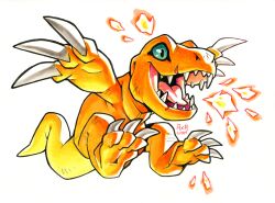  absurdres agumon claws colored_skin digimon digimon_(creature) embers green_eyes highres no_humans open_mouth railroadlion sharp_teeth signature simple_background solo tail teeth white_background yellow_skin 