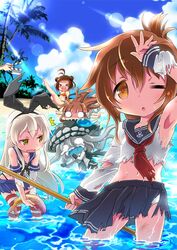  5girls biting clouds igaiga inazuma_(kantai_collection) island kantai_collection kuma_(kantai_collection) long_hair multiple_girls naka_(kantai_collection) personification school_uniform shimakaze_(kantai_collection) sky tears thighhighs torn_clothes wo-class_aircraft_carrier 